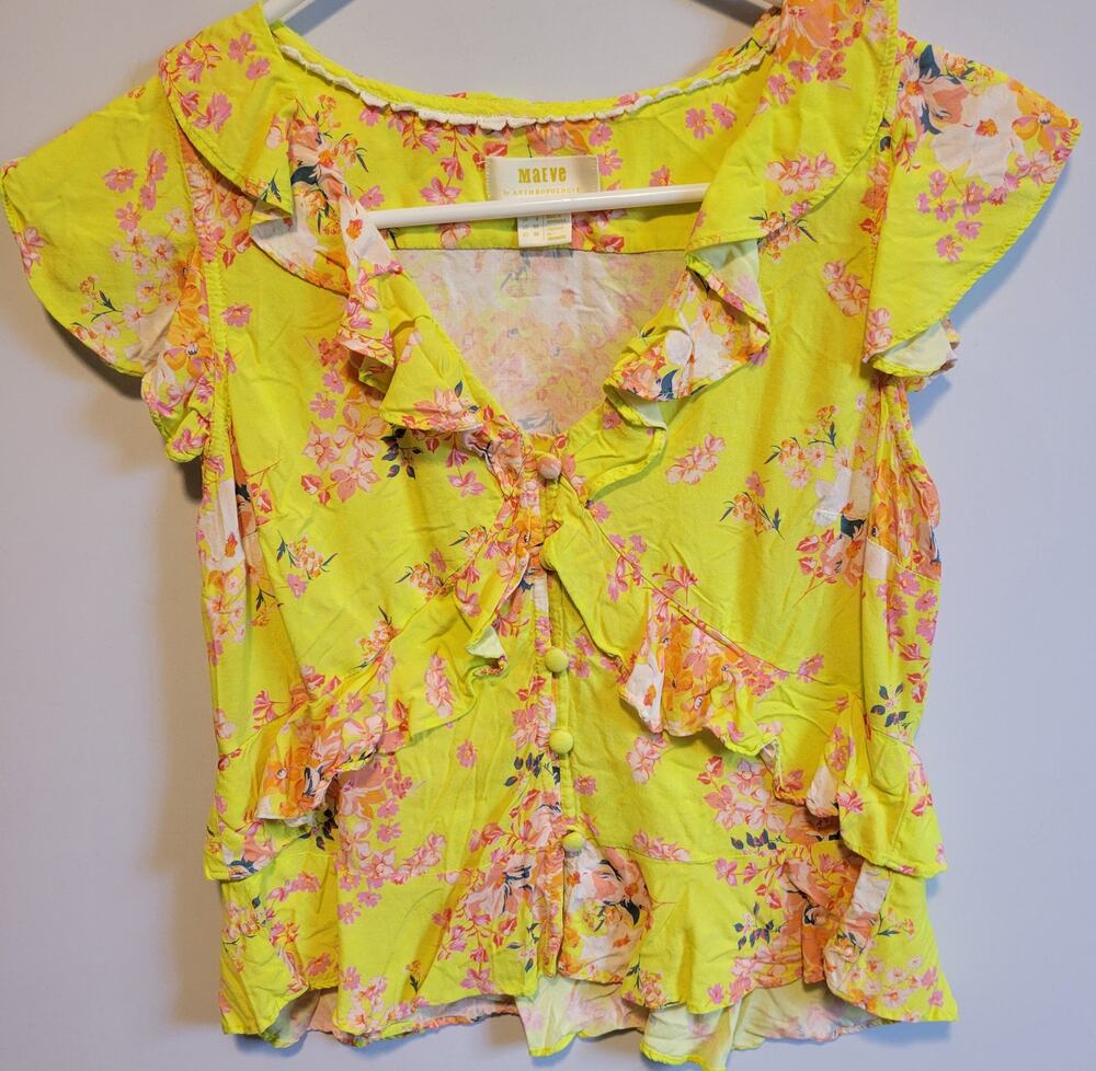 Maeve by Anthropologie Yellow Floral Ruffled Sleeveless Top